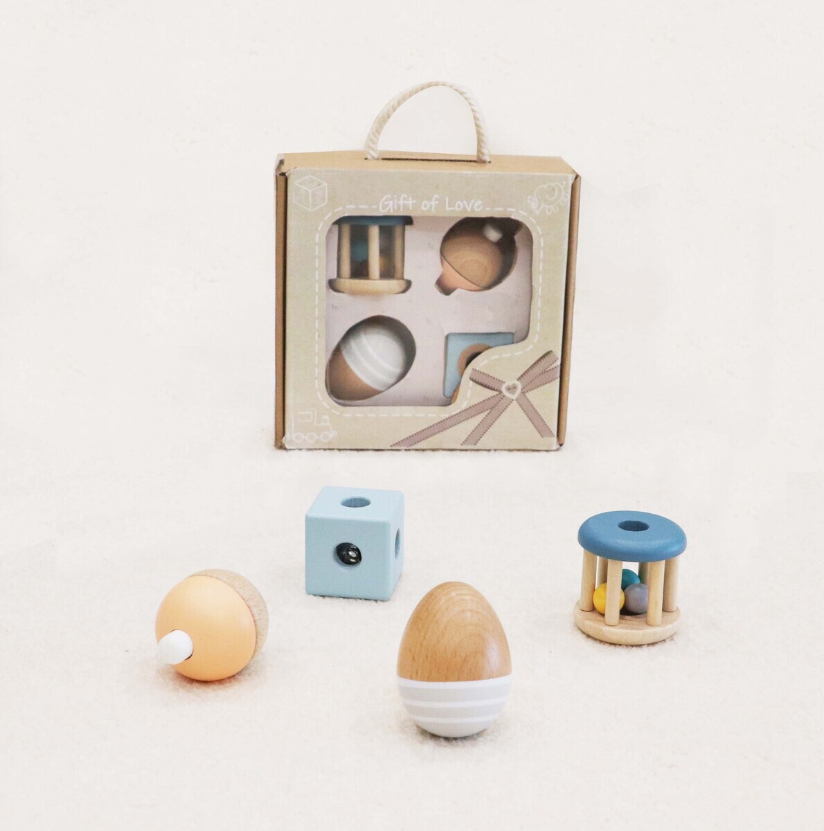Baby Gift Music Set in box - egg maraca, squeeze toy, baby square shaker, cylinder shaker and baby roller rattle